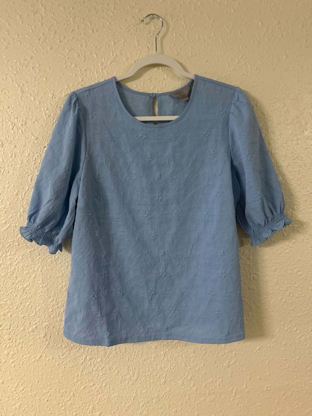 Ted Baker Light Blue Floral Textured Puff Sleeve Top
